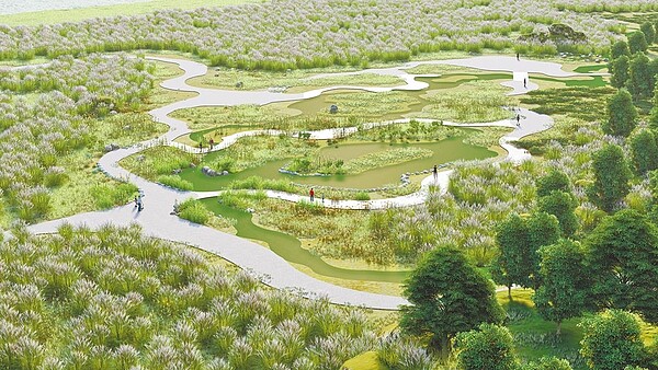 桃園市水務局接續在大漢溪山豬湖推動第2期計畫,將設立占地28公頃的「大嵙崁地質公園」,圖為山豬湖大漢溪高灘棲地營造示意圖。(水務局提供/蔡依珍桃園傳真)