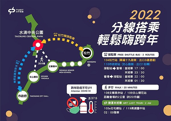 為疏運跨年晚會人潮,市府共規劃4條免費接駁車路線。圖/台中市政府提供