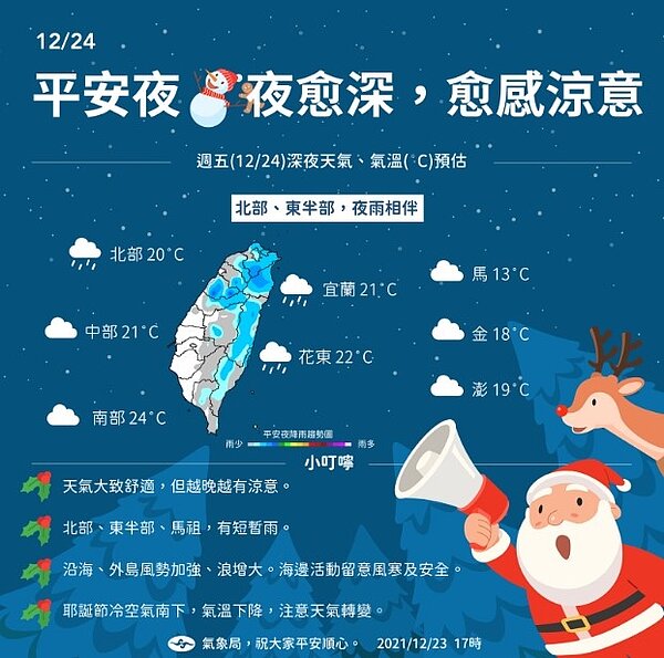 中央氣象局指出,聖誕節當天會有強列冷氣團於當天報到,明(24)日起則會越晚越涼。圖/氣象局提供