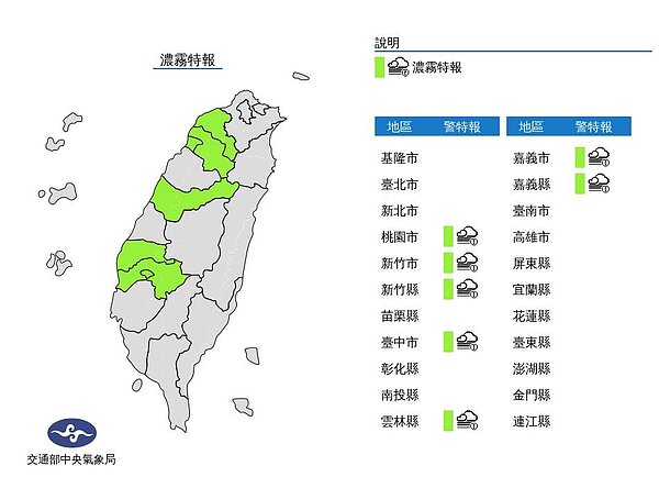 中央氣象局發布濃霧特報,今晨西半部地區易有低雲或局部霧影響能見度,桃園、新竹、台中、雲林及嘉義已出現能見度不足200公尺的現象,苗栗能見度亦較低。圖/取自氣象局網站