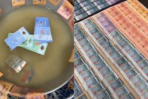 馬來西亞一名網友分享在經歷洪災後,一一將泡水鈔票清洗晾乾的過程。 圖/擷自tiktok