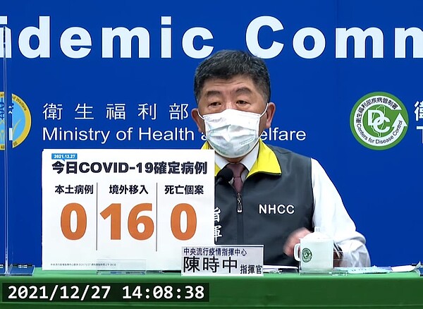 國內於12月27日新增16例境外移入確定病例。圖／截自疾管署直播