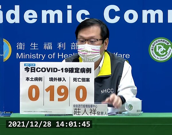 國內於12月28日新增19例境外移入確定病例。圖／截自疾管署直播