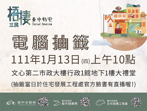 台中梧棲三民好宅總計734件申請案,將於2022年1月13日上午10時辦理電腦抽籤作業。圖/台中市政府提供