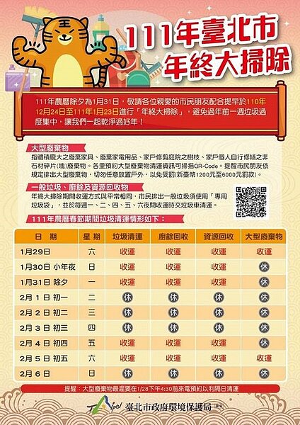 台北市過年期間垃圾收運時間。圖/台北市環保局提供