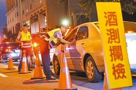 酒駕零容忍,立法院12日初審通過《道路交通管理處罰條例》部分條文修正草案,明定10年內酒駕2次,將公布累犯者姓名與照片。圖為員警攔檢酒測。(本報資料照片)
