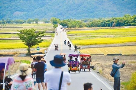 台東縣池上伯朗大道、關山鎮親水公園禁行車輛,不少遊客卻將租賃電動3輪車違規騎上公路。(本報資料照片)
