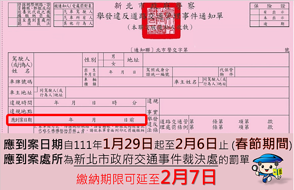 春節期間到期罰單，可延至2月7日繳款。圖／新北市交通事件裁決處提供