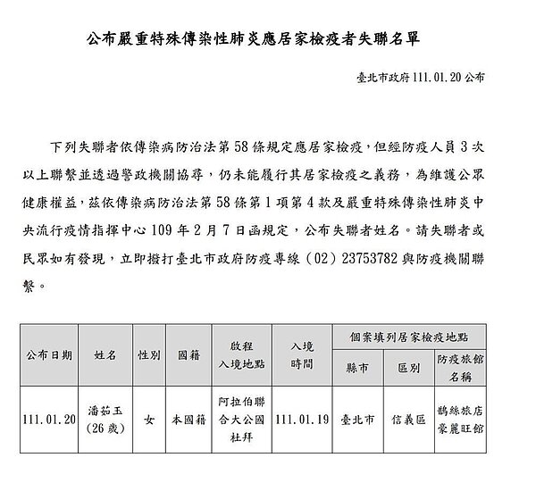 失聯個案潘茹玉經北市警局信義分局調閱旅館監視器後，循線追查發現潘女搭乘友人機車前往北投，後由北投分局派人前往查訪，目前已尋獲潘姓失聯者。圖／北市府提供