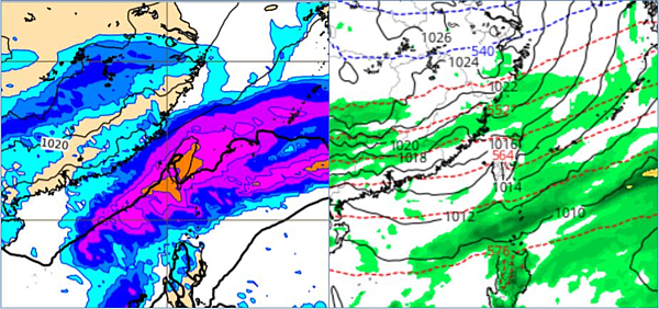 21日20時歐洲模式模擬29日20時地面氣壓及12小時累積降雨圖（圖左）顯示，南海水氣與鋒面帶來大大範圍明顯降雨。美國模式模擬（圖右）顯示，降雨型態有明顯差異。擷自tropical tidbits。圖／取自「三立準氣象．老大洩天機」專欄