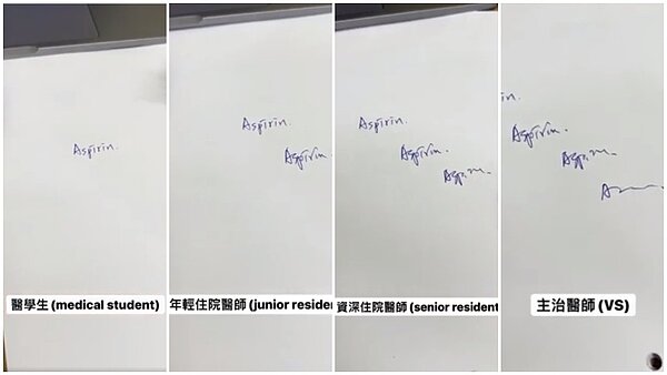 亞東醫院家醫科醫師闕壯理示範從年輕醫師升級至主治醫師的四段字跡變化。 圖/擷自Dcard