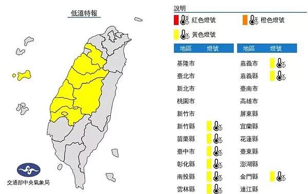 中央氣象局發布低溫特報。圖/取自氣象局網站