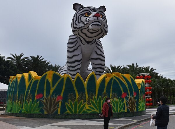 花蓮主燈「福星高照」大白虎高大,吸引遊客拍照。記者王思慧/攝影