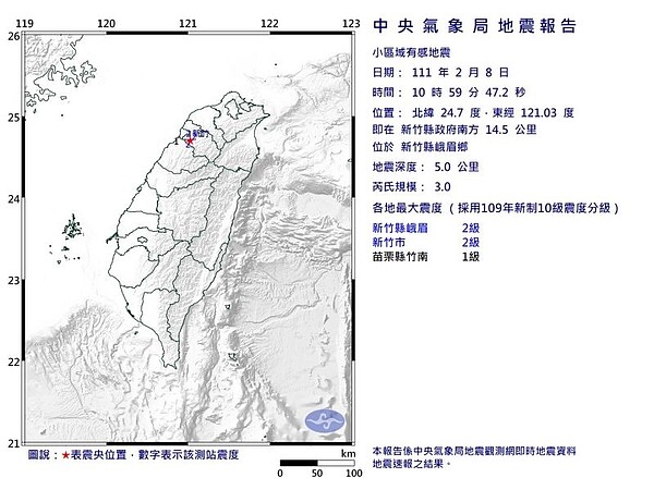 2月8日上午10:59分新竹地區發生有感地震。圖／中央氣象局局