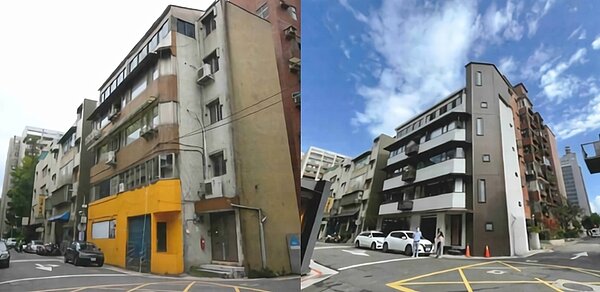北市老舊公寓外牆拉皮及電梯安裝前後。圖/北市都市更新處提供