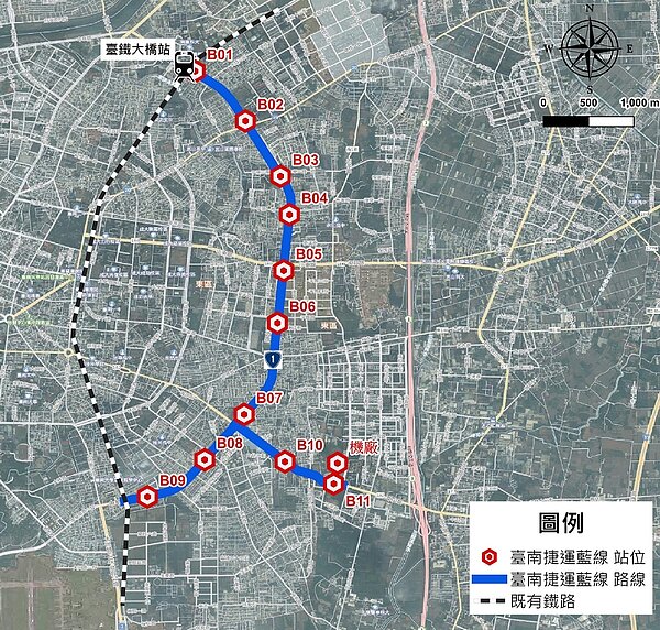 台南捷運藍線路線地圖。圖/交通局提供