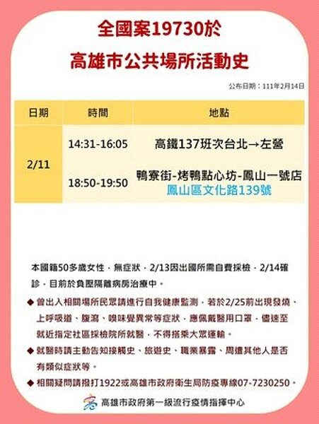 高雄公布最新足跡。圖/高雄市政府提供