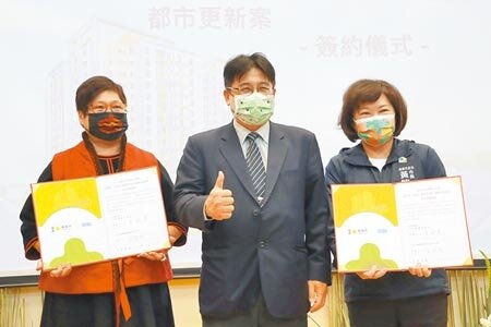 中彰雲嘉首樁!嘉義市政府辦理民族國小西側公有土地第一期公辦都市更新案,15日在內政部營建署署長吳欣修(中)見證下,嘉義市長黃敏惠(右)與國城建設集團董事長蔡麗環(左)正式簽約。(呂妍庭攝)