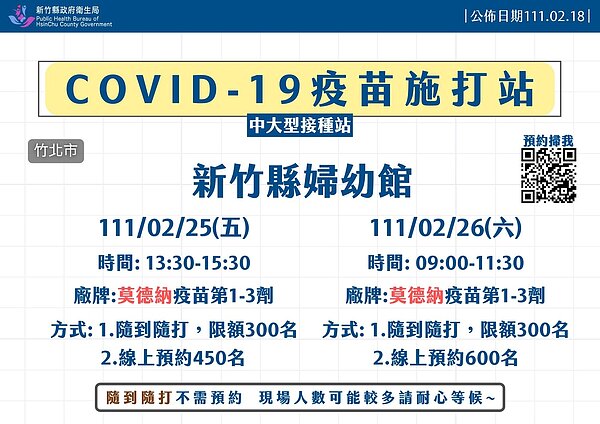 新竹縣婦幼館25、26日加開莫德納疫苗接種,提供線上預約名額。圖/縣府提供