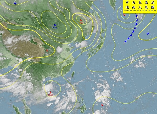由於南海地區有熱帶擾動逐漸發展,從南邊上來的水氣有增多的狀況,迎風面的東南部地區要注意有短暫陣雨發生機會。圖/氣象局提供
