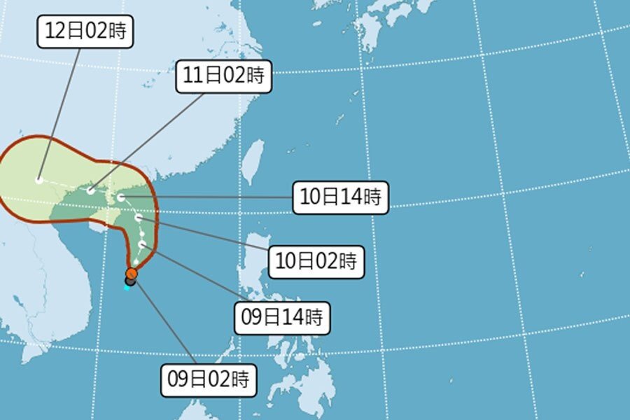 昨天下午已有「熱帶低壓」在「季風環流」內形成,預計明(10日)晨達「輕颱」強度,明下午已在雷州半島附近,無侵台機率。圖/氣象局提供