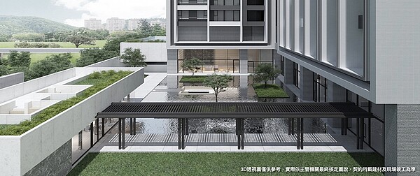 「合輝大璽-水月」整體外觀及公設低調又顯質感,營造出長廊、水中樹、3F的空中泳池,在都會區快速的生活步調中,讓住戶在住家就可享受放鬆又悠閒的生活。圖/合輝建設提供