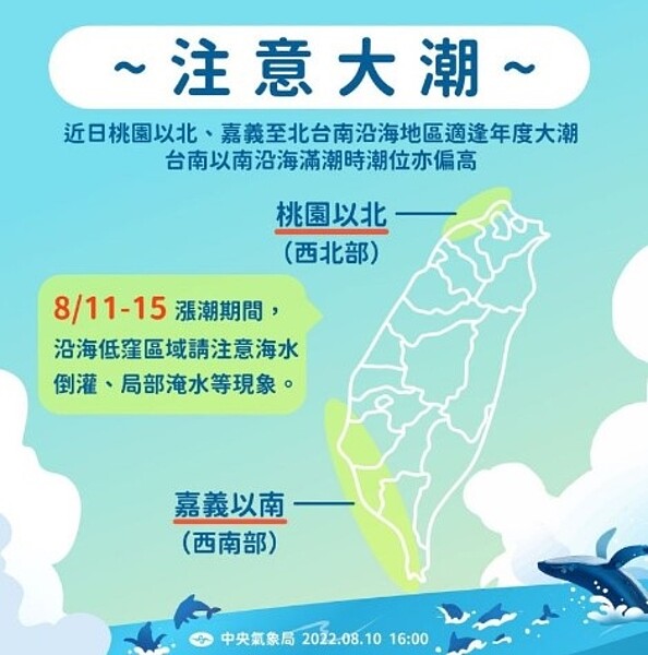 從今日起到下週一適逢年度大潮,桃園以北、嘉義至北台南沿海低漥地區要慎防海水倒灌及積淹水情形。圖/中央氣象局提供