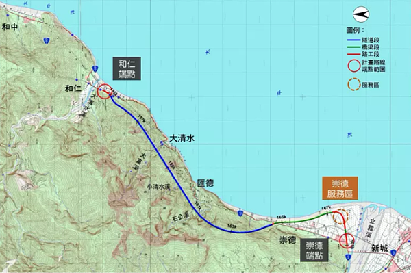 蘇花安最新路線曝光,比照蘇花改採單一車道,且預留白牌機車行駛彈性空間,預估整體興建經費約700億元。記者邱瓊玉/翻攝