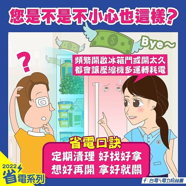 台電還說,冰箱想好再開、拿好就關,否則會更耗電。圖/翻攝台電電力粉絲團