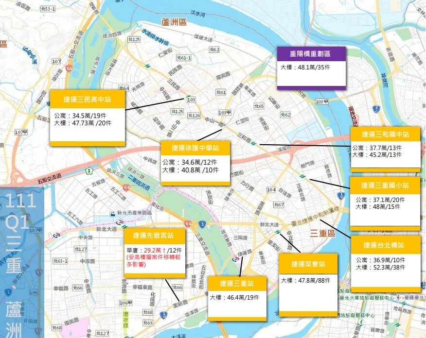 三重、蘆洲Q1住宅成交均價分布圖。圖／新北市府提供