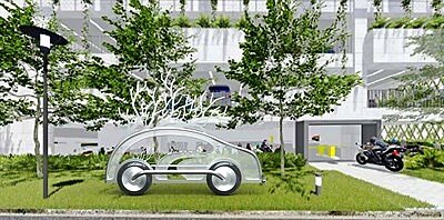 台中市沙鹿區沙田路立體停車場的公共藝術「樂遊」車型外框主體由不鏽鋼材打造。圖/台中市交通局提供