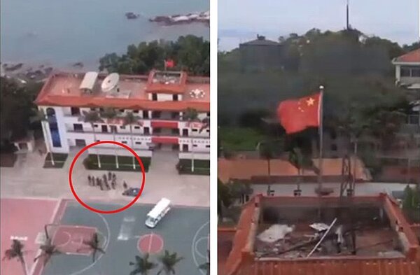網路瘋傳疑似我方無人機從金門馬山飛至對面角嶼,除了大陸五星旗清晰可見外,也可看到營區廣場有大約10餘名共軍官兵。(取自推特) 入鏡