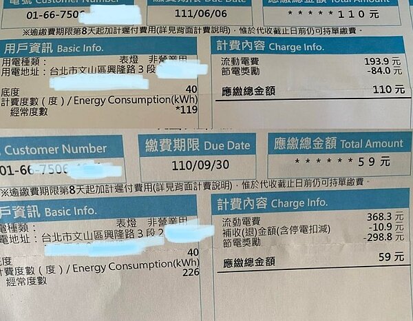 原PO分享自己只有110元和59元的電費單。圖／擷取自《●【爆廢公社公開版】●》