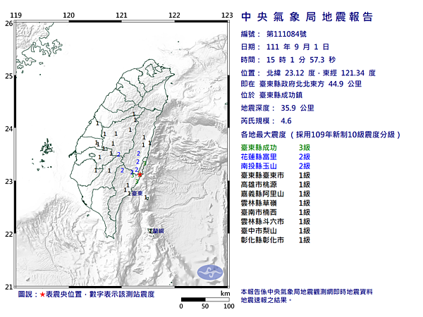 今下午3點01分,台東縣成功鎮發生芮氏規模4.6地震。圖/中央氣象局提供