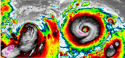 強颱軒嵐諾颱風眼已不若昨天清淅。圖取自tropical tidbits。圖／取自「三立準氣象．老大洩天機」專欄