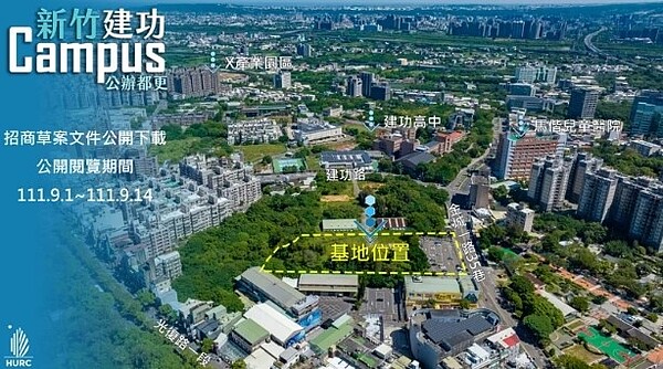 國家住都中心推動「新竹市建功Campus設定地上權公辦都更案」,今(1)日起公開閱覽,預計10月底招商。圖/國家住都中心提供。