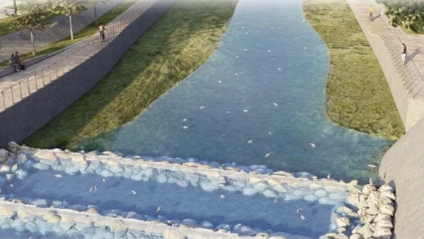 豆子埔溪改善後模擬圖，楊文科想將它打造成新竹版清溪川。圖／縣府提供