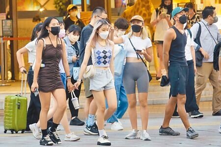 新冠肺炎疫情逐漸升溫,中央流行疫情指揮中心發言人莊人祥6日表示,預估這波BA.5疫情到年底還會再有200多萬人感染。在台北市鬧區逛街的民眾緊緊地戴著口罩。(范揚光攝)