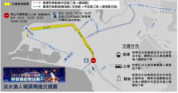 2022淡水漁人碼頭仲夏繽紛樂活動煙火秀周邊交通圖。圖／新北市府提供