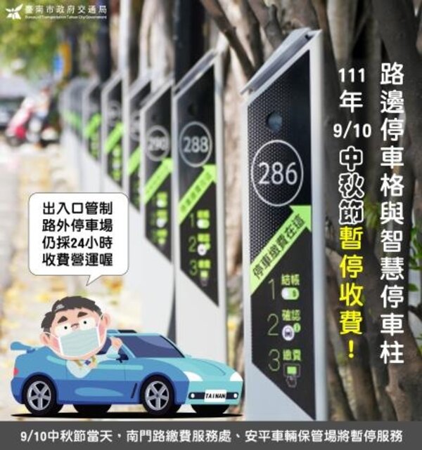 中秋節台南市這些路段路邊停車不收費。圖／台南市府提供