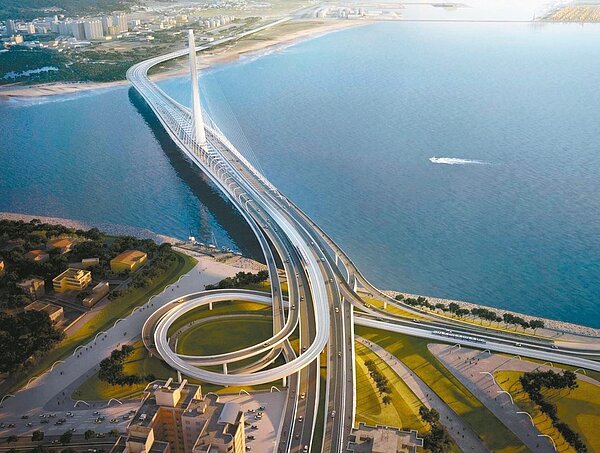 淡江大橋力拚2024年完工，公路總局規畫在淡水端設置濱海匝道，議員認為市府要趕快做配套措施，圖為淡江大橋完工示意圖。圖／新北市工務局提供