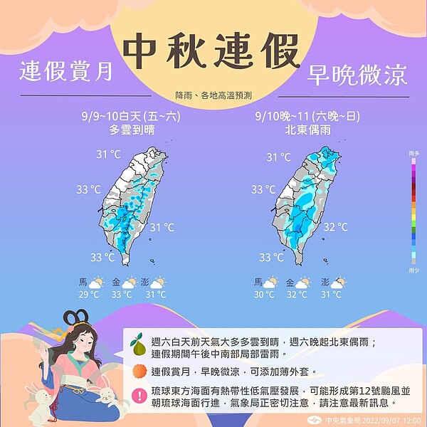 中秋節連假天氣。圖／取自「報天氣 - 中央氣象局」臉書粉專