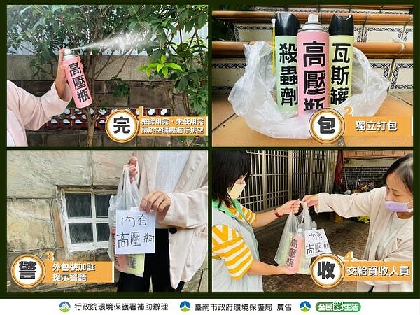 回收高壓瓶罐前,落實「確認用盡、獨立打包、加註警語、交付資收」4個步驟。圖/環保局提供