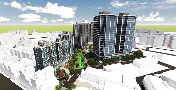 「建功Campus設定地上權公辦都更案」全區開發完成後,將配合留設約0.5公頃公園,社會住宅及創新產業發展辦公大樓。圖/新竹市政府提供