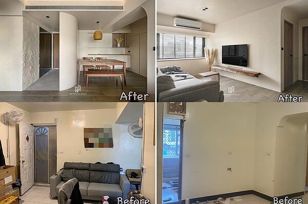 玄關（左半邊）及客廳（右半邊）改造前後對比圖。圖／擷取自曾智希臉書