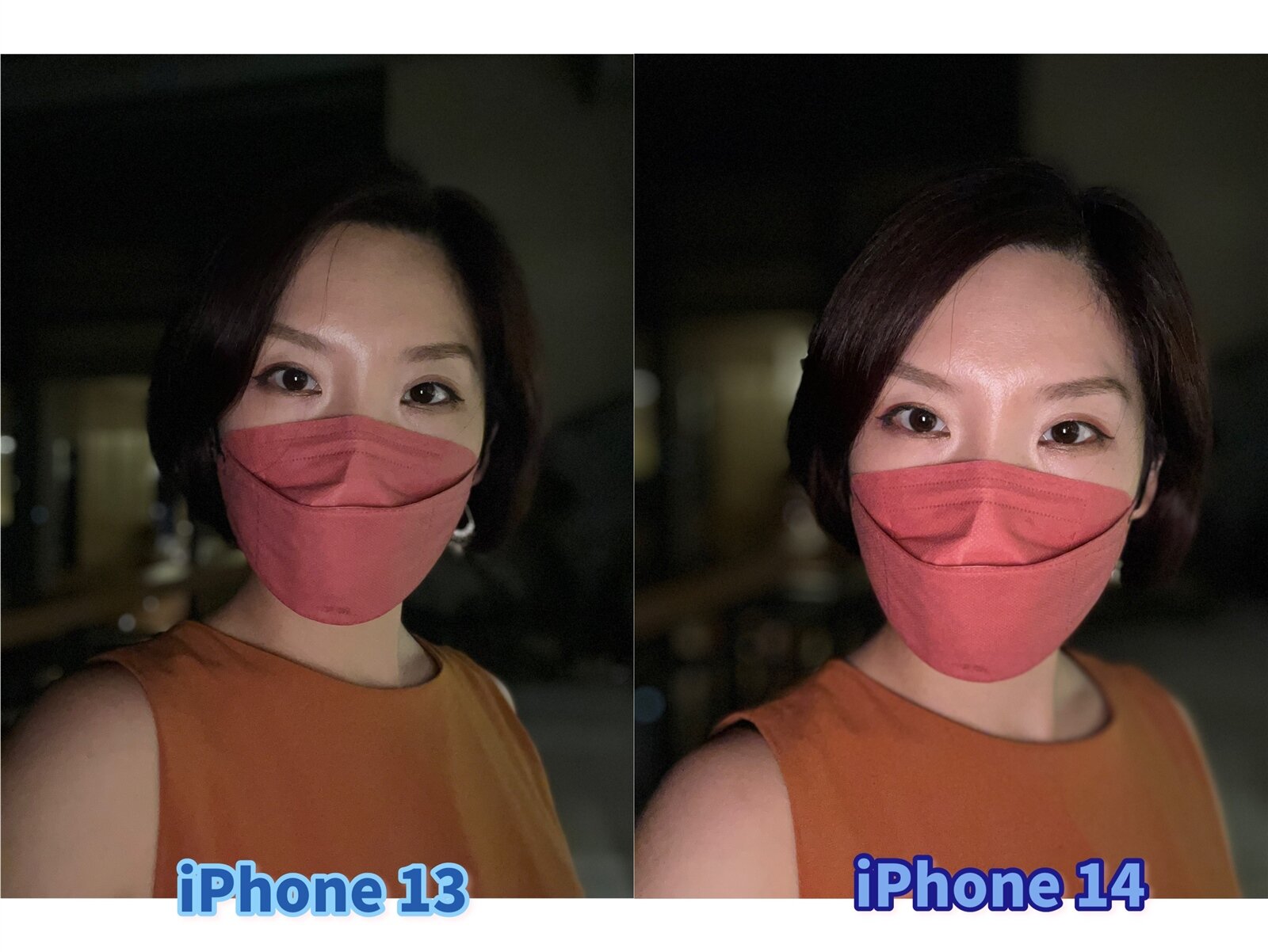 iPhone 14與iPhone 13最大的升級是在夜間自拍，夜間人像模式在髮絲邊緣輪廓的細節處理，也可以看到非常明顯的進步。記者黃筱晴／攝影 