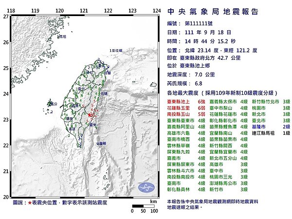 台東池上發生規模6.8強震。圖／氣象局提供
