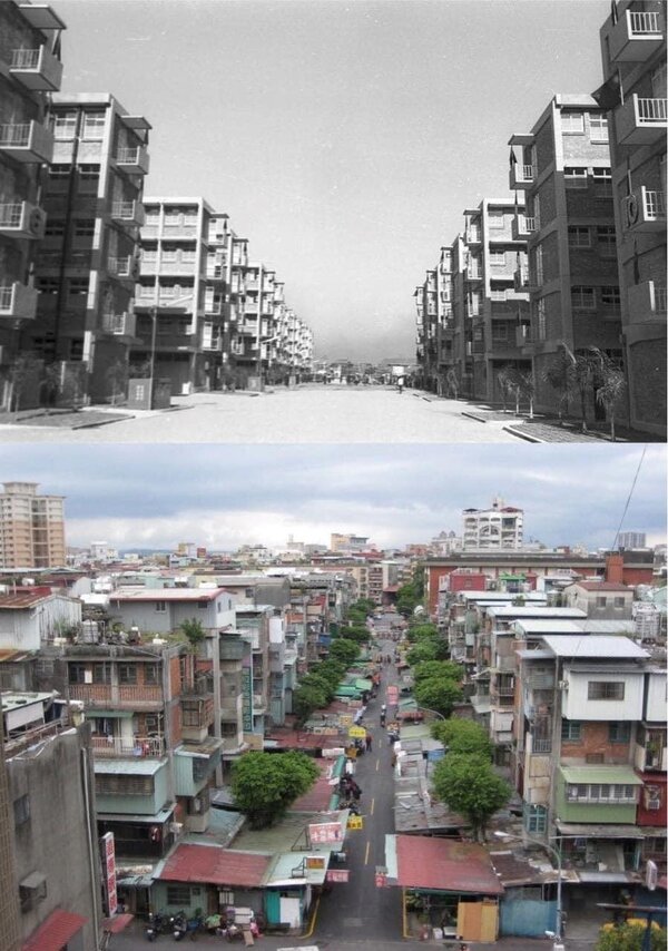 網友貼出南機場公寓1964年剛落成時與數十年後的街景對比圖。圖／摘自PTT