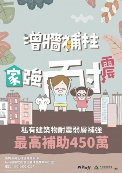 建物耐震弱層補強最高補助450萬元。圖／內政部營建署提供