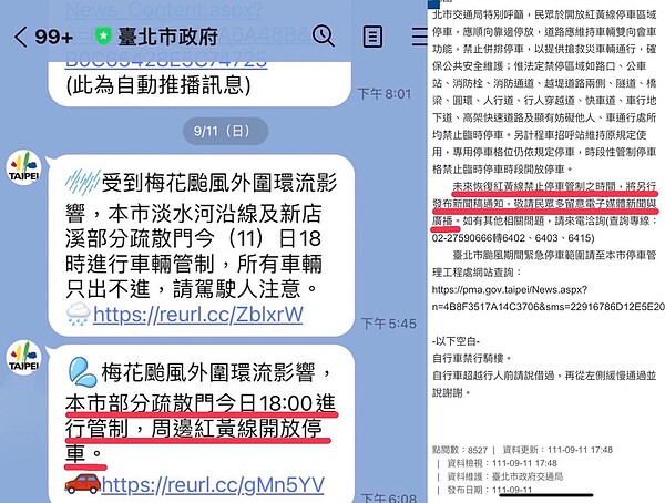 北市議員陳炳甫指出,梅花颱風時,結束臨時開放紅黃線停車時間,沒有在LINE公布,有民眾因漏看LINE訊息遭開單拖吊。圖/陳炳甫辦公室提供